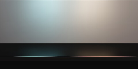 Black steel countertop, empty shelf. Vector realistic mockup of table top, kitchen counter on gray background with spot light. Bar desk surface in foreground