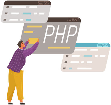 Programmer engineering and coding. Coder programmers working on web development on computer. Concept of script coding and programming in php, javascript, python, other languages. Software developers