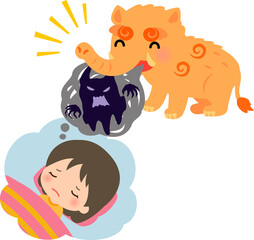 眠っている女の子の悪夢を食べる獏