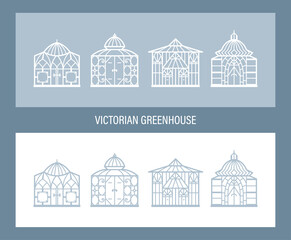 Botanical Garden. Victorian Greenhouses Vector Set. Vintage Glass Orangery. - obrazy, fototapety, plakaty