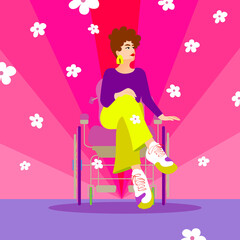 Woman in a wheelchair in front of a colorful background and falling white flowers