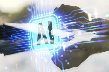 Double exposure of creative artificial Intelligence icon with finger clicks on a digital tablet on background. Neural networks and machine learning concept