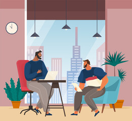 Colleagues are communicating. People discussing working questions. Employees during work. Men have dialogue, talk, relax in studio. Communication, conversation at workplace business manager meeting