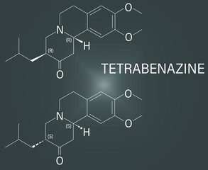 Tetrabenazine hyperkinetic disorder drug molecule. Skeletal formula.