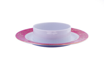 Ceramic vintage tableware with floral pattern isolated on white background