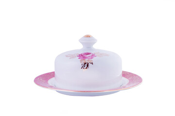 Ceramic vintage tableware with floral pattern isolated on white background