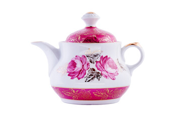 Ceramic vintage white teapot with flower pattern isolated on white background