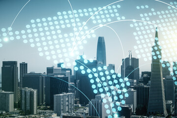 Abstract virtual world map with connections on San Francisco skyline background, international trading concept. Multiexposure