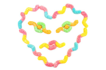 Heart shaped face made from gummy worms