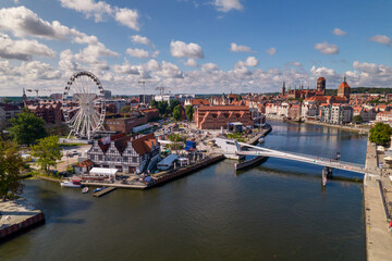 Gdansk. A city by the Baltic Sea on a sunny beautiful day. Aerial view over the seaside city of Gdańsk.