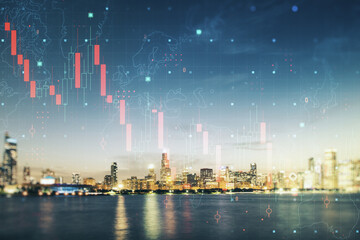 Abstract virtual global crisis chart and world map sketch on Chicago office buildings background, falling markets and collapse of global economy concept. Double exposure