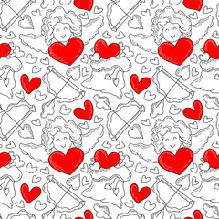 Cupid with a red heart. Hand drawn vector seamless pattern. Illustration for fabric, paper, background for Valentine's Day. Black and white doodle style