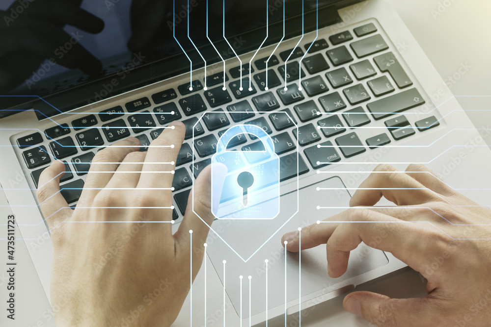 Poster creative lock sketch with chip hologram and hands typing on computer keyboard on background, protect