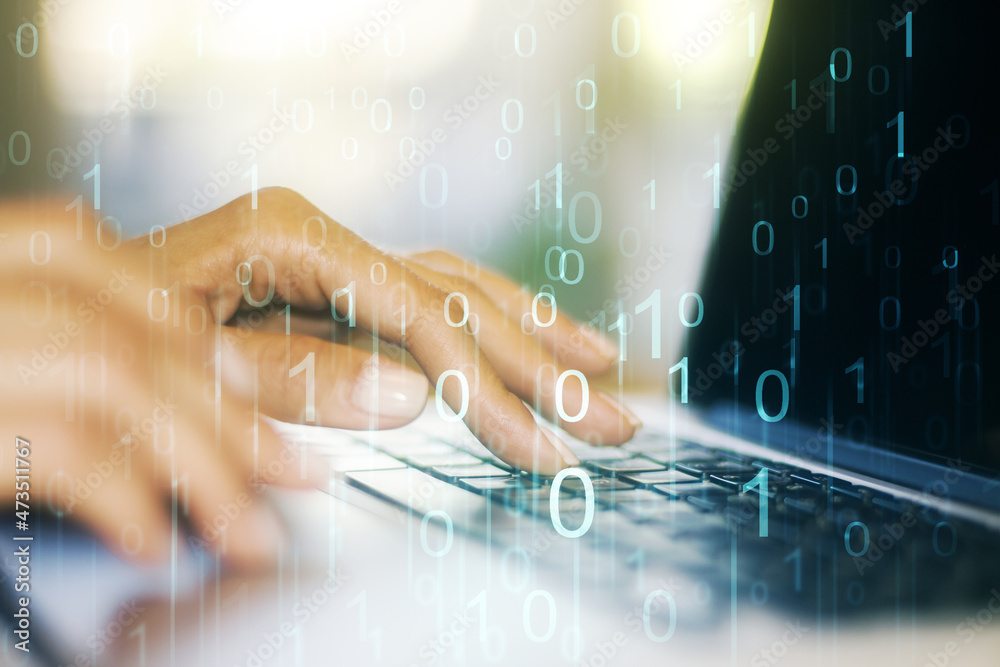Aufkleber creative abstract binary code hologram and hands typing on computer keyboard on background, ai and m