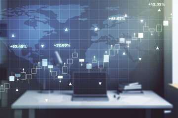 Multi exposure of abstract creative financial graph with world map and modern desktop with computer on background, forex and investment concept