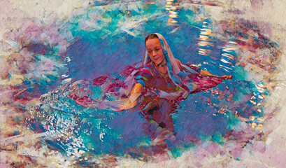 Pretty young woman relaxing in the pool. Painting effect.