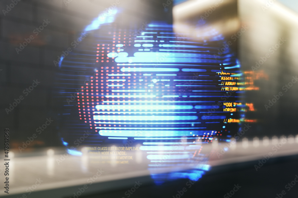 Poster multi exposure of abstract creative coding sketch and world map on blurry modern office building bac