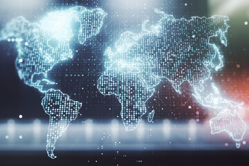 Abstract creative digital world map on blurry contemporary office building background, globalization concept. Multiexposure