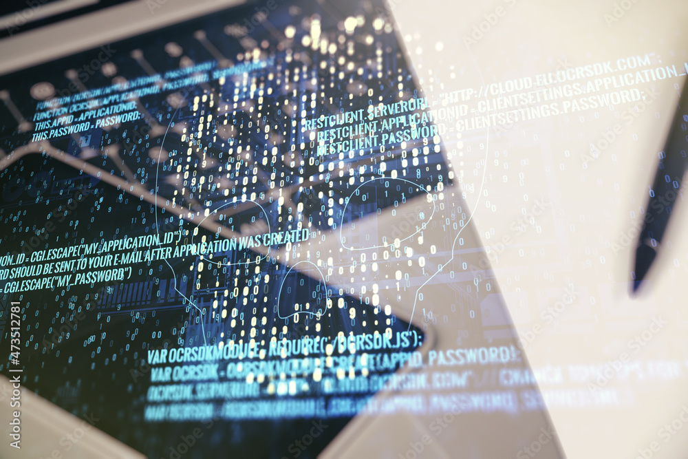 Poster creative code skull hologram on modern computer background, cybercrime and hacking concept. multiexp