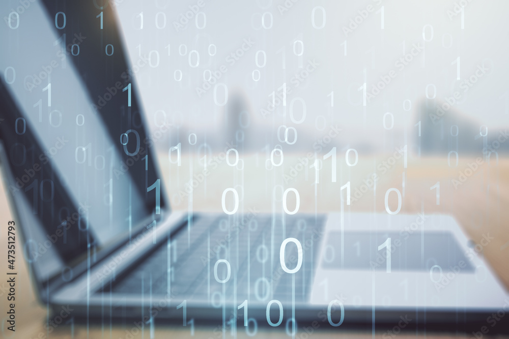 Poster creative concept of binary code illustration on modern laptop background. big data and coding concep