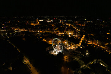 Gdańsk at night. Beautiful city on the Baltic Sea at night from drone flight.