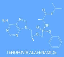 Tenofovir alafenamide antiviral drug molecule. Prodrug of tenofovir. Skeletal formula.