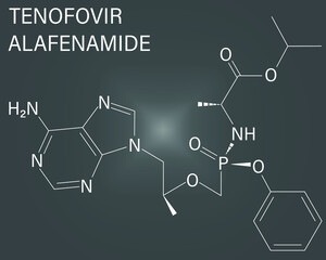 Fototapeta premium Tenofovir alafenamide antiviral drug molecule. Prodrug of tenofovir. Skeletal formula.