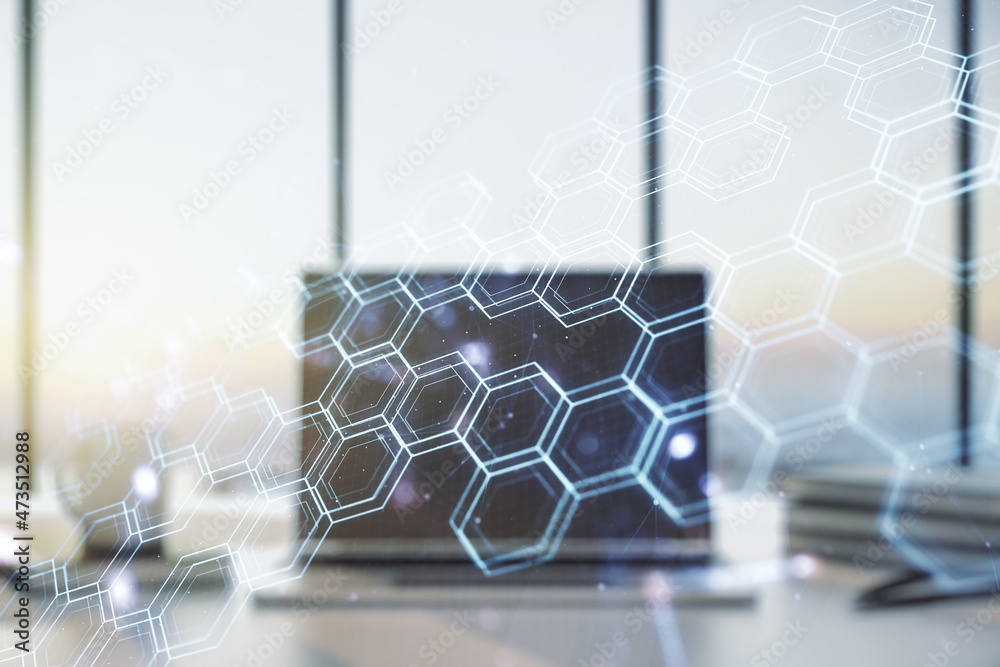Poster double exposure of technology hologram with hexagon on laptop background. research and development s