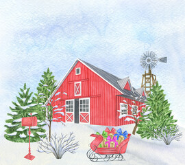 Watercolor Christmas farm, winter farm landscape, red barn illustration.