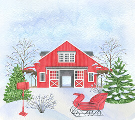 Watercolor Christmas farm, winter farm landscape, red barn illustration.