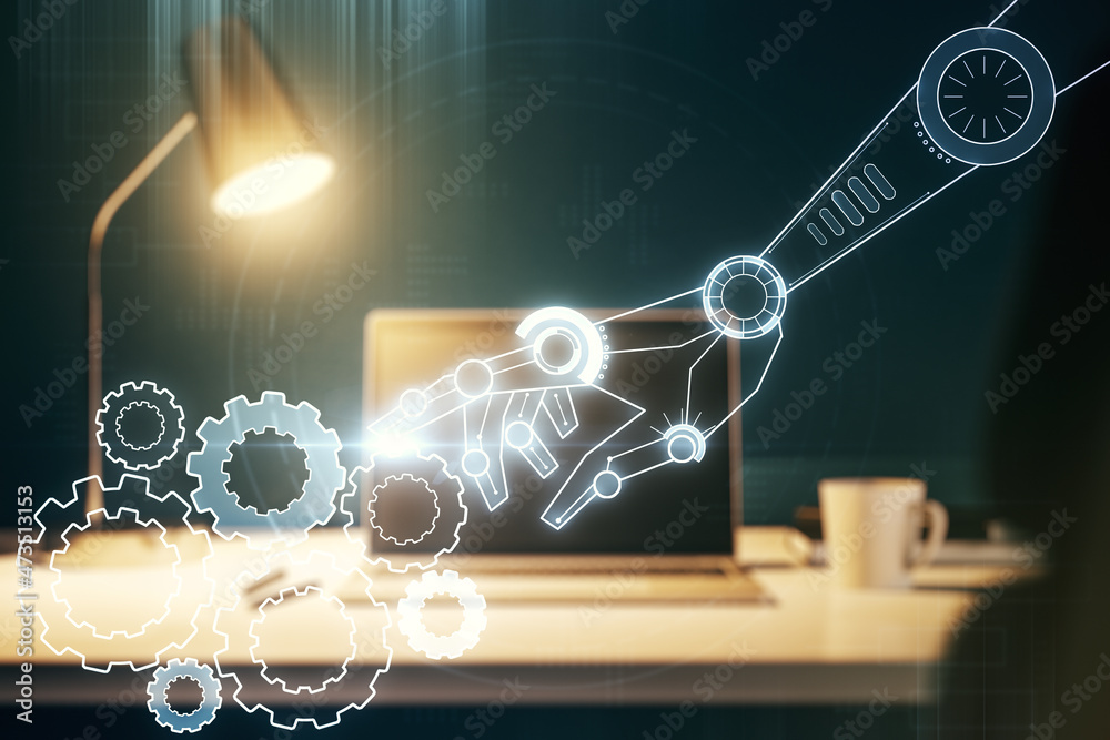 Poster creative abstract robotics technology sketch on modern laptop background, future technology and ai c