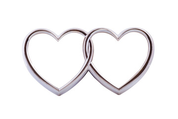 Two silver hearts connected to each other isolated on white background. Photo frame in the form of two hearts. Space for text.