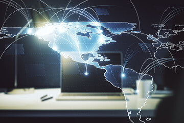 Double exposure of abstract digital world map with connections on computer background, big data and blockchain concept