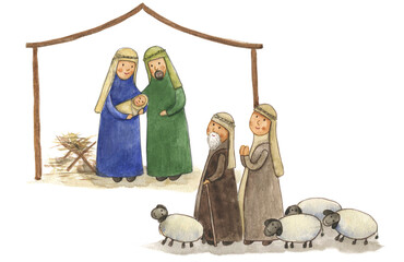 Watercolor drawing Christmas story. Shepherds came to worship the baby Jesus