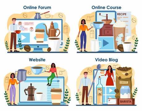 Barista online service or platform set. Bartender making a cup of hot coffee