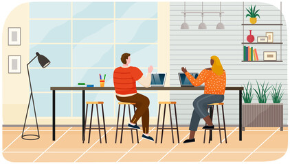 Characters work with trendy computers in creative space. People working with laptops and communicating in studio. Workplace communication, having conversation, positive discussion of colleagues