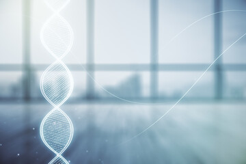 Virtual DNA symbol illustration on empty corporate office background. Genome research concept....