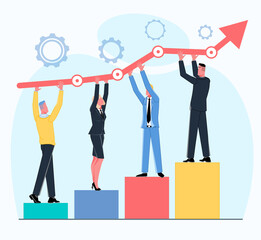 business team stands on a pedestal graphic and holds an arrow showing successful teamwork and business growth vector flat illustration