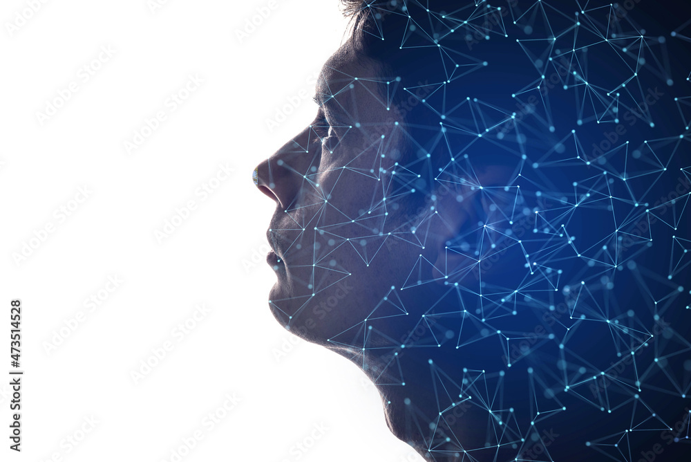 Wall mural combination of a man silhouette and abstraction on the topic of digital technologies. concept of art