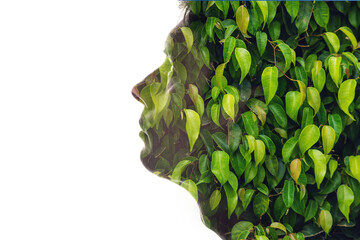 Combination of the silhouette of a man face and a picture with green leaves. Concept of the connection people and nature