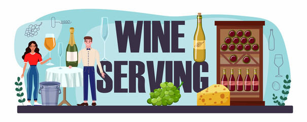 Wine serving typographic header. Sommelier with a glass full of alcohol