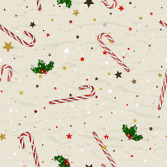 Seamless Christmas pattern with candy canes and holly berries from ink style collection.