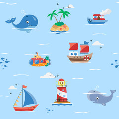 Vector seamless pattern with sea cartoon characters.Ocean illustration with islands, ships, whales, lighthouse.Repeated texture with sea cartoon characters.Kids textile pattern with marine animals