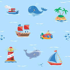 Vector seamless pattern with sea cartoon characters.Ocean illustration with islands, ships, whales, lighthouse.Repeated texture with sea cartoon characters.Kids textile pattern with marine animals