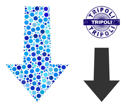 Circle collage arrow down icon and TRIPOLI round textured stamp seal. Blue stamp includes TRIPOLI title inside circle and guilloche decoration. Vector mosaic is based on arrow down symbol,