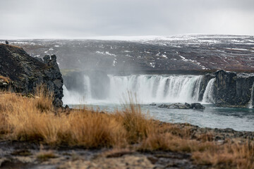 Goðafoss Waterfall Iceland with yellow gras in autumn