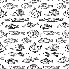 vector seamless pattern, cute black and white stylized fishes, swimming in one direction, doodle style