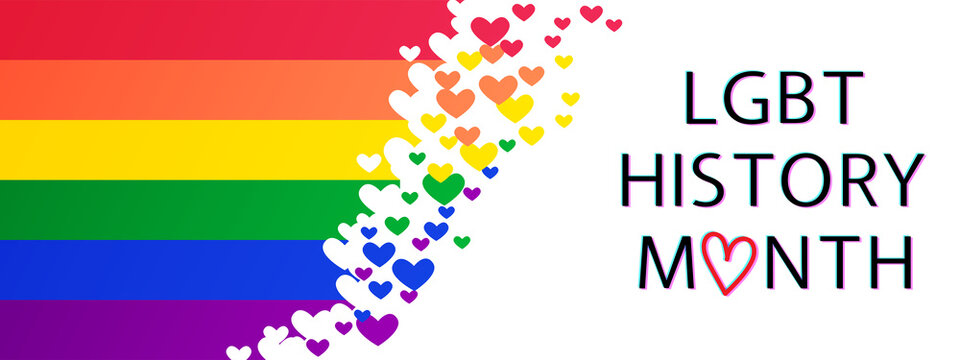 LGBT History Month modern concept. Freedom rainbow flag with hearts and text on white.
