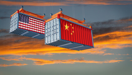 Freight containers with China and USA flag. 3D Rendering 