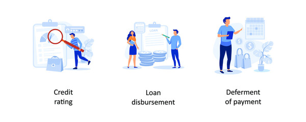 Credit rating, Loan disbursement, Deferment of payment. Bank service abstract concept vector illustration set.